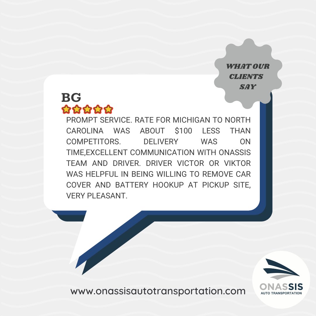 Only 100% the best for our clients!

Thank you so much, BG, for the 5 Stars! Looking forward to our next contract.

onassisautotransportation.com | #OnassisAutoTransport