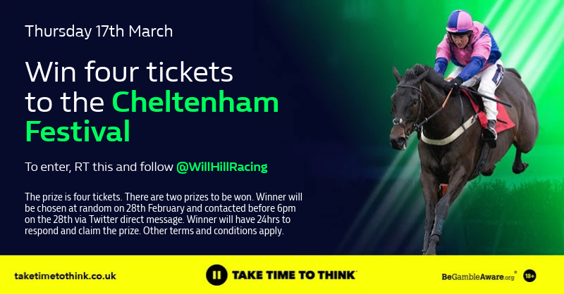 WillHillRacing's tweet photo. 🚨 CHELTENHAM FESTIVAL TICKET GIVEAWAY 🚨

Win four tickets to day three of Cheltenham!

To enter:
✅ Follow @WillHillRacing
🔄 RT this post

Terms apply - https://t.co/uyPPUFQBrG https://t.co/cX9Hx7WNak