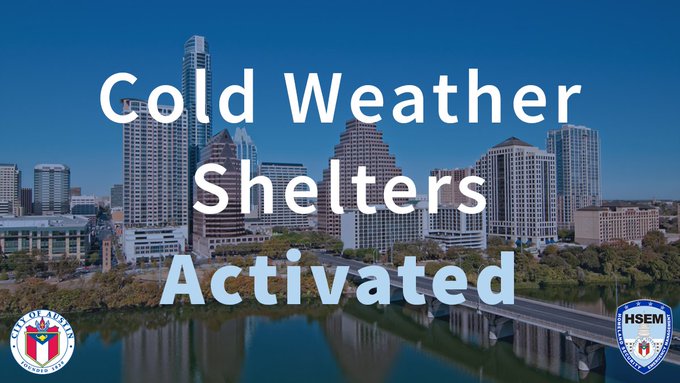 AustinHSEM's tweet photo. Cold weather shelters have been activated tonight, February 23. Those in need of shelter should go to One Texas Center (505 Barton Springs Rd) between 6-8 PM. 

Health screenings for COVID-19 will be done during registration. For more info call the 24/7 hotline: 512-305-4233 https://t.co/5wpldIQV2c