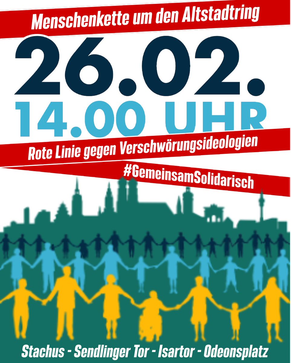 gemeinsam_soli's tweet photo. +++ Noch 3 Tage +++

Diesen Samstag setzen wir ein klares Zeichen gegen Verschwörungsideologien einiger selbsternannter "Querdenkenden" und für ein solidarisches &amp; demokratisches Miteinander.

München ist nicht gespalten. München hält zusammen!
#GemeinsamSolidarisch #Muc2602 https://t.co/2rPU8DimHy