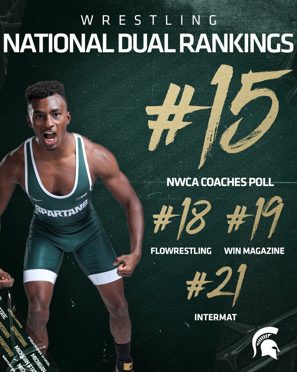 Rising one spot to end the dual season!

The Spartans rank 15th in the final <a href="/nwcawrestling/">NWCA</a> poll of the season, the highest final ranking for MSU since No. 7 in 2003.

#GoGreen #SpartanStrong
