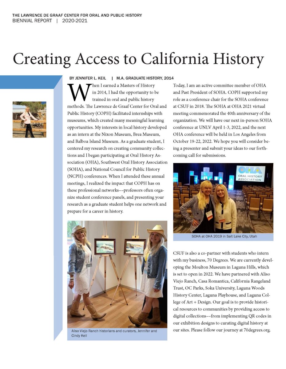 _70degrees's tweet photo. Jennifer Keil shared her experiences as a graduate from the @CSUF_History in the @COPH_CSUF Lawrence de Graaf Center for Oral &amp; Public History in the Biennial Report. "Creating Access to California #History" showcases partnerships with cities and #museums: https://t.co/6bPr3cAqtl https://t.co/Cv1j16ojJW