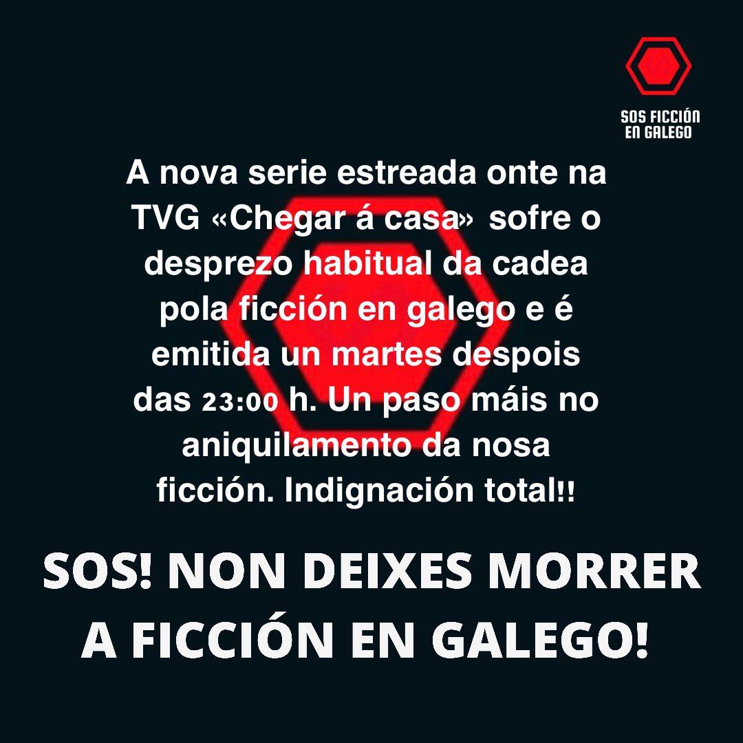 #SosFicciónEnGalego
<a href="/AcademiaGalegaA/">Academia Galega do Audiovisual</a> 
<a href="/TuitsDaAAAG/">AAAG</a>  <a href="/GaliciaCREA/">CREA</a> <a href="/ctnl/">CTNL</a> <a href="/amesanl/">A Mesa Normalización Lingüística</a> <a href="/AGAGuionistas/">WritersUnion Galicia</a> <a href="/TVGalicia/">TVG</a> <a href="/aisge/">AISGE</a> <a href="/Sindicatotace/">Sindicato Técnicos Audiovisual y Cine - TACEE</a> <a href="/uniondeactores/">Unión de Actores y Actrices</a> #NonDeixesMorrerAFicciónEnGalego