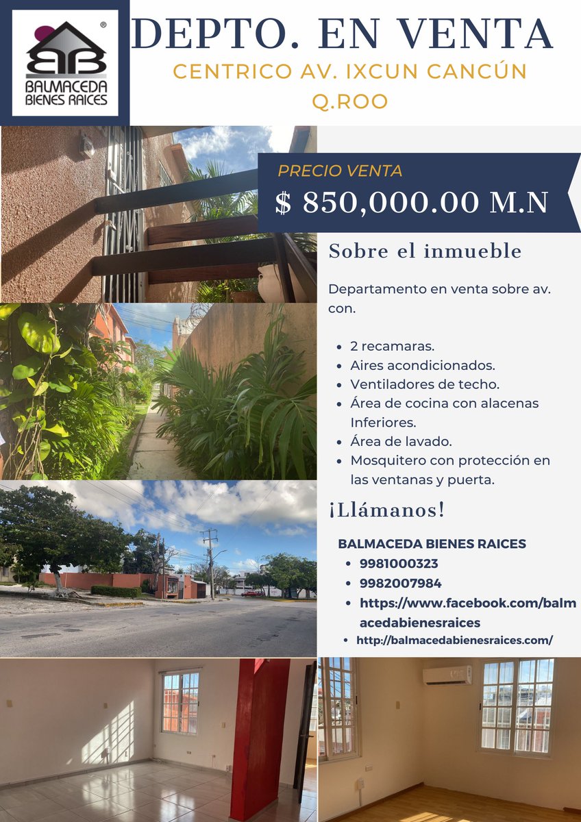 Departamento en venta, a 10 minutos de la zona Hotelera, Bancos, Centros Comerciales, 2 Recamaras, A/A, Ventiladores de techo, Área de cocina con alacenas inferiores, Área de lavado, Precio de venta: 850,000.00 M.N.
Teléfonos de contacto:
☎️ 998 100 0323
☎️ 998 200 7984