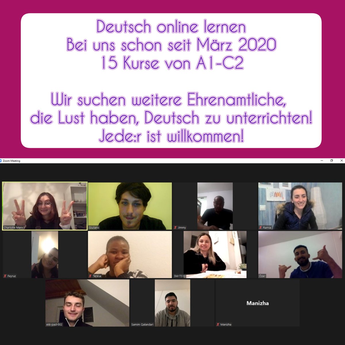 Bei uns lernen Menschen aus den unterschiedlichsten Herkunftsländern Deutsch per #zoom - und das seit dem ersten Lockdown 2020. Mittlerweile nehmen Teilnehmende aus ganz Deutschland teil - und sogar aus dem Ausland (Libanon, Ukraine, Mauritius, Türkei, ...).
#deutschlernen