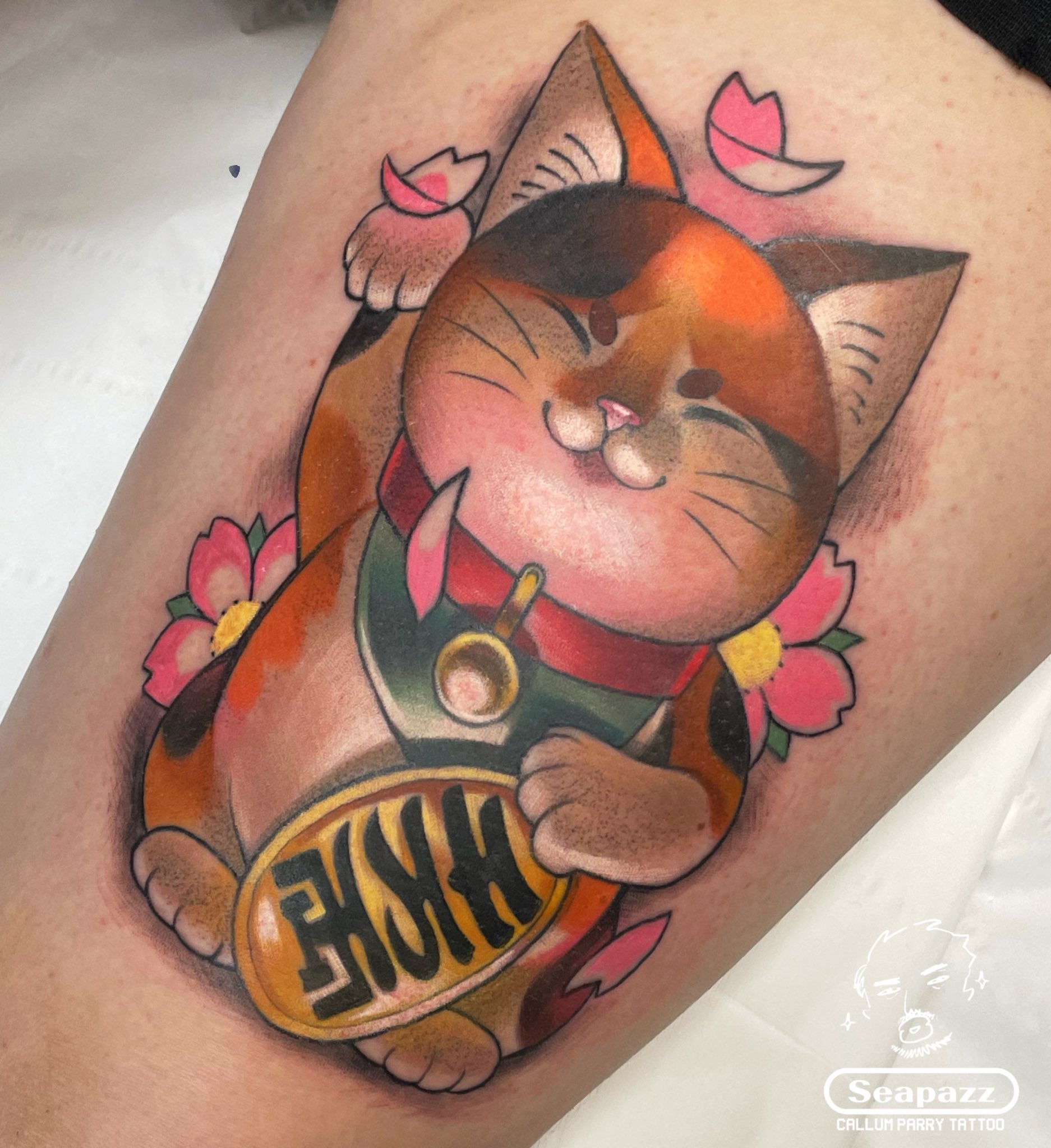 Melmadetattoos - @jobean84 got the cutest lucky cat tattoo! Thank you so  much for the trust as always! ❤️😻 would love to do more colour work! 🥹❤️  • • • #japanesetattoo #irezumi #
