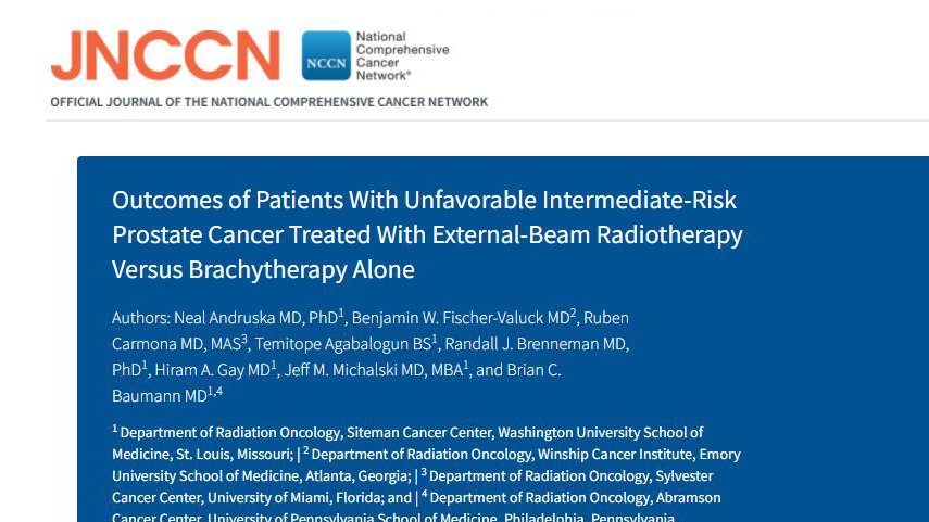 WashU Medicine Radiation Oncology (@washumedradonc) on Twitter photo Just published: First large-scale comparison study of brachytherapy vs. external beam #radiation for unfavorable intermediate-risk #prostatecancer
<a href="/BrianBaumannMD/">Brian C. Baumann</a> <a href="/AndruskaNeal/">Neal Andruska</a> @b_fischervaluck @HiramGay <a href="/jmmrad/">Jeff Michalski</a> @RubenCarmonaMD <a href="/brennsstrahlung/">Randall Brenneman</a>
<a href="/JNCCN/">Journal of the @NCCN</a>- bit.ly/36toxcB Just published: First large-scale comparison study of brachytherapy vs. external beam #radiation for unfavorable intermediate-risk #prostatecancer
<a href="/BrianBaumannMD/">Brian C. Baumann</a> <a href="/AndruskaNeal/">Neal Andruska</a> @b_fischervaluck @HiramGay <a href="/jmmrad/">Jeff Michalski</a> @RubenCarmonaMD <a href="/brennsstrahlung/">Randall Brenneman</a>
<a href="/JNCCN/">Journal of the @NCCN</a>- bit.ly/36toxcB