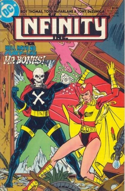 ComicFanBoy2's tweet photo. Title: Infinity Inc
Publisher #dccomics
Issue: 16 (July 1985)
Cover: It's time for another #comcbook cover featuring a ๐(kinda). This time around the #Artwork is by #comics legend Todd McFarlane. Mr. Bones is going to return for #Stargirl S3.
#comics #comicbookart #toddmcfarlane https://t.co/IQK5WMObFb