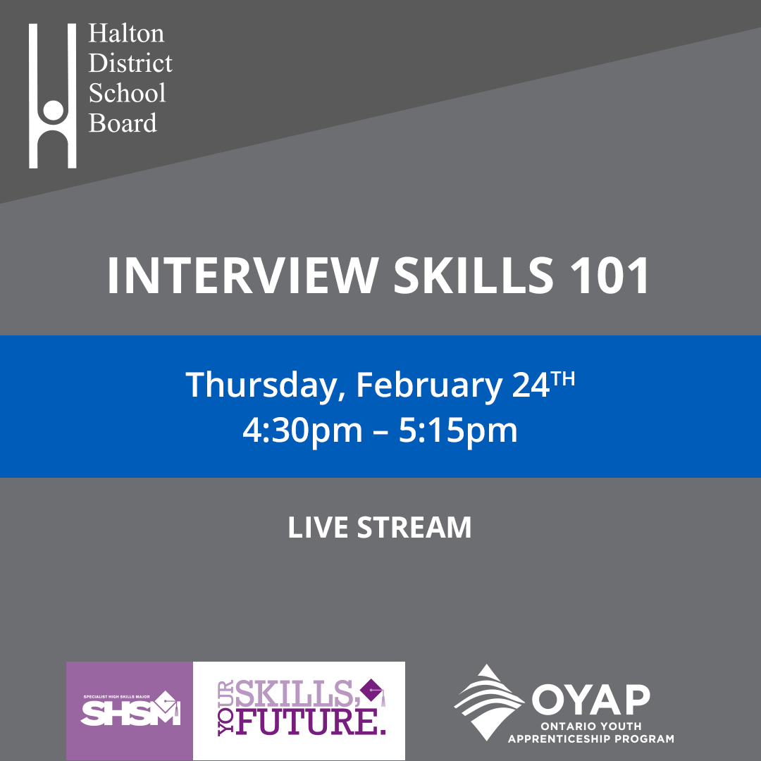 Join us for our After School Virtual Series, open to Grade 7 to 12 <a href="/HaltonDSB/">HDSB</a> students and their families! Tune in to the LIVE STREAM on Thursday, February 24th from 4:30pm - 5:15pm, which will cover everything you need to know about Interview Skills! bit.ly/3GofpT5