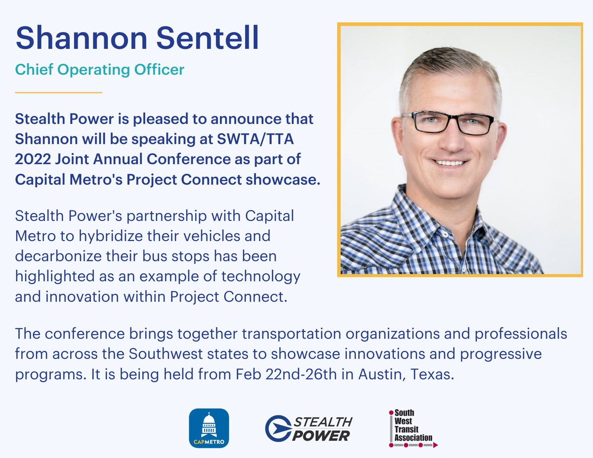 Stealth_Power_'s tweet photo. Our COO, Shannon Sentell, will be speaking about Stealth Power's work with Capital Metro at the SWTA/TTA 2022 Joint Annual Conference this week in Austin, TX. 

Learn more about the Conference here,
https://t.co/GURDqx6mXe https://t.co/7dCL4hMbLZ