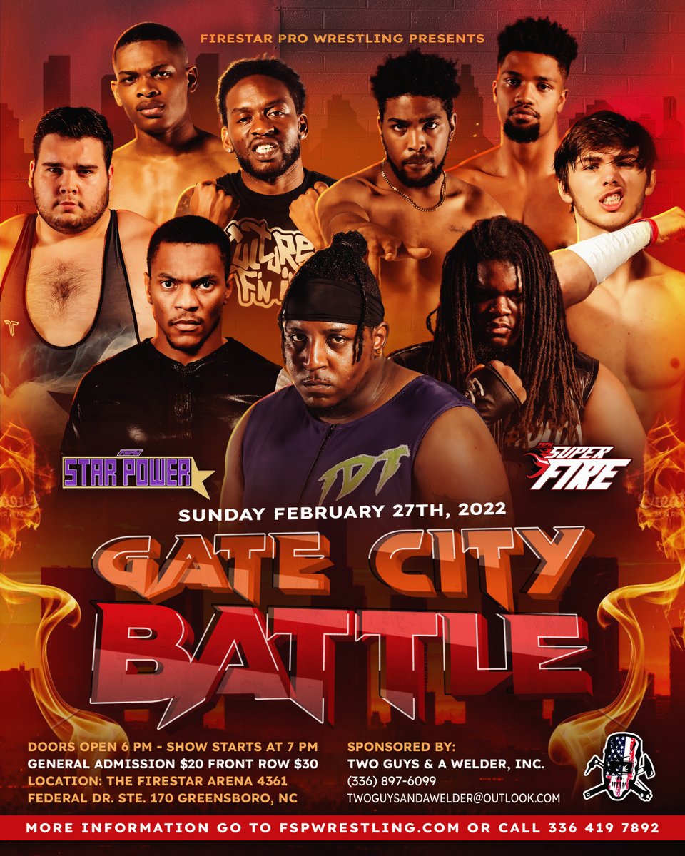 FSPWrestling's tweet photo. This Sunday! Greensboro NC, #FSPW is at war as The Gate City Battle takes place in the Firestar Arena! Do not miss this event!
➡️ Doors open at 6pm, event starts at 7 PM!
➡️ The Firestar Arena - 4361 Federal Dr. Greensboro, NC
🎟 Tickets available now! https://t.co/8wYRkIIl2z https://t.co/SaRFFTXQ5L
