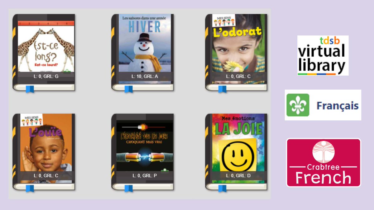 NEW! Check out Crabtree French, the newest resource in the Virtual Library. Find it on the Français page: tdsb.on.ca/library/HOME/F… 

Discover 40+ French eBooks about plants, animals, emotions, senses, seasons, and more! Login info on the TDSB VL Password page.
@TDSB_fsl <a href="/TDSB_DCC/">Digital Content Coaches TDSB</a>