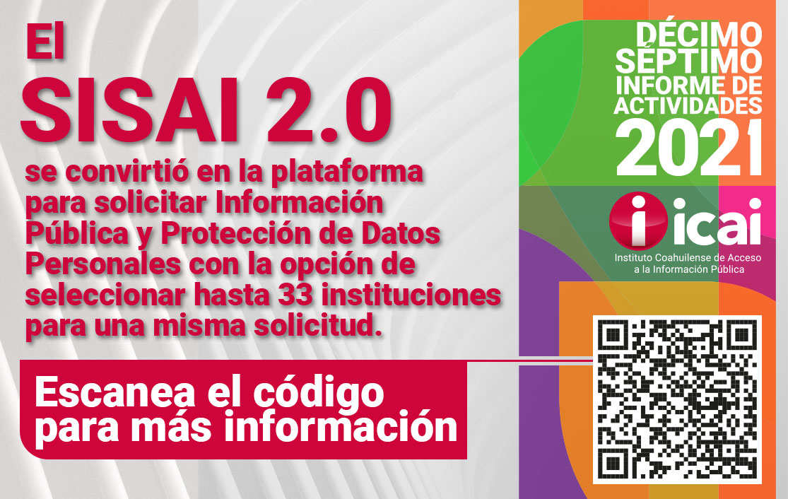 icaicoahuila's tweet photo. ¿Sabías que el SISAI 2.0 es la plataforma que te permite solicitar información de hasta 33 instituciones para una misma solicitud?
Esta y mucha más información se encuentra en el #17informeICAI https://t.co/FMqYBZmbmz