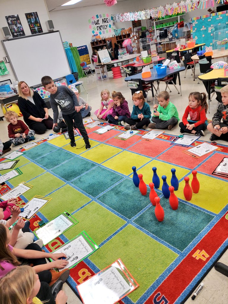 msgettinger's tweet photo. Reviewing for our upcoming subtraction test with some subtraction bowling 🎳 Learning sure is fun in kindergarten! #bLEADsgreen #kindergarten #math https://t.co/OrjDztRbHD