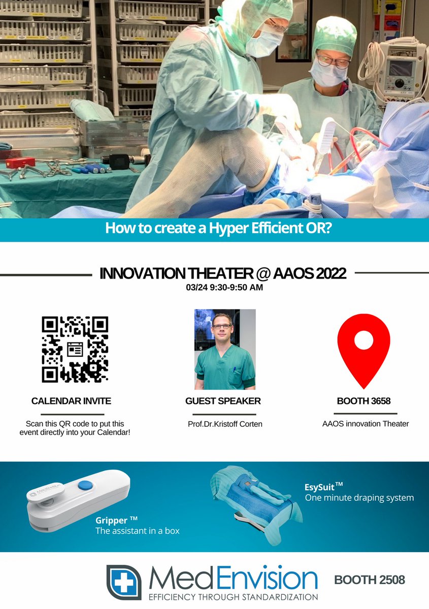 MedEnvision's tweet image. How to create a hyper efficient OR?

You'll discover this during our innovation theater presentation at the American Academy of Orthopaedic Surgeons (AAOS) Annual meeting on March 24.

Guest speaker: Prof.Dr.Kristoff Corten.
#OREfficiency #Gripper #EsySuit #EsySolution