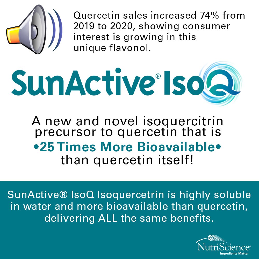 Consumer interest is growing in Quercetin! Its benefits include Immune, Cardiovascular, and Cellular Health, Allergy Symptom Relief, and as an Antioxidant. New SunActive® IsoQ is a new and novel isoquercitrin precursor to quercetin that is 25 times more bioavailable.