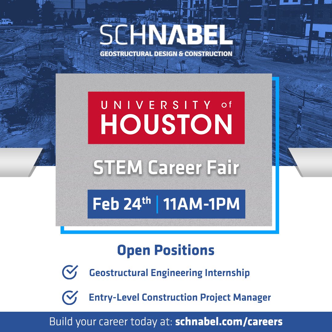 SchnabelGeo's tweet image. Tomorrow, Schnabel will be in TX for the @UHouston  #UHSTEM Career Fair! 
 
Our PM, Jean Wehbe is looking forward to meeting with all the students to share information about our exciting nationwide full-time &amp;amp; internship opportunities.
 
#CareerFair #Jobs #Internships