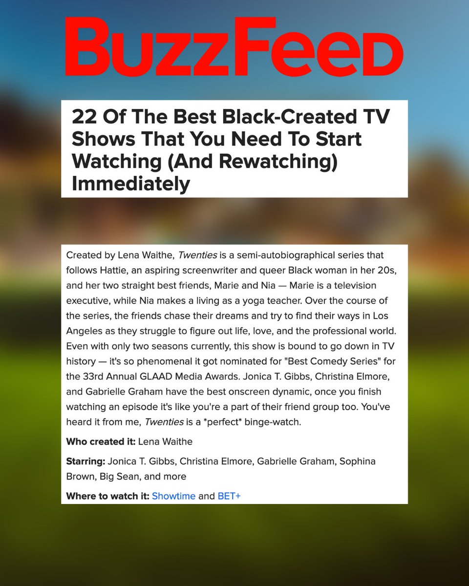 BET (@bet) on Twitter photo Congrats to <a href="/TwentiesonBET/">Twenties BET</a> for being acknowledged as one of the best Black tv shows to rewatch by <a href="/BuzzFeed/">BuzzFeed</a>. Join <a href="/bethertv/">BET Her TV</a> for a #TwentiesOnBET marathon next Tuesday starting 4/3c. Congrats to <a href="/TwentiesonBET/">Twenties BET</a> for being acknowledged as one of the best Black tv shows to rewatch by <a href="/BuzzFeed/">BuzzFeed</a>. Join <a href="/bethertv/">BET Her TV</a> for a #TwentiesOnBET marathon next Tuesday starting 4/3c.