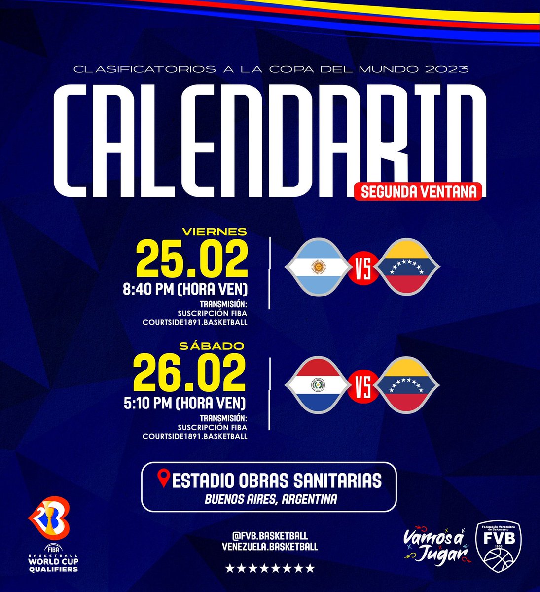 pachecom777's tweet photo. 📆 𝐂𝐀𝐋𝐄𝐍𝐃𝐀𝐑𝐈𝐎: 𝐕𝐄𝐍𝐓𝐀𝐍𝐀 2️⃣
 En la segunda ventana de los Clasificatorios a la Copa del Mundo 2023.
🆚 @cabboficial 🇦🇷
📆 Viernes 25/02.
🕐 8:40 p. m. 🇻🇪
🆚 @cpb_py 🇵🇾
📆 Sábado 26/02.
🕐 5:10 p. m. 🇻🇪 Fuente: @FVBbasketball https://t.co/QlnhuLAfLl