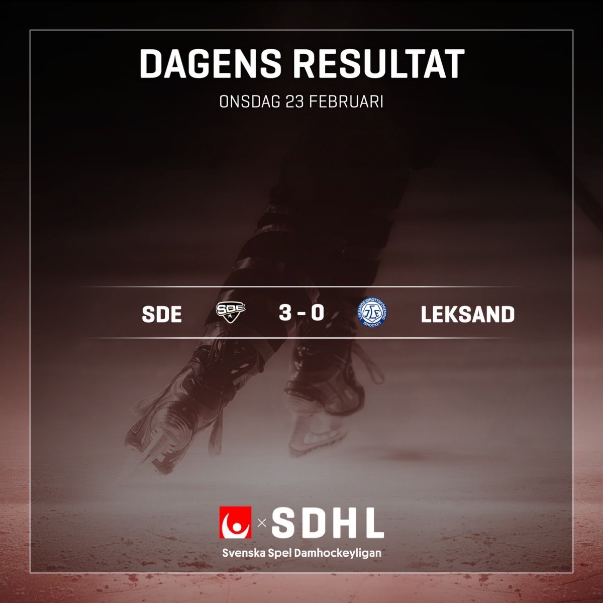 SDHLse's tweet photo. Resultatet från kvällens enda match i SDHL. Se highlights på https://t.co/r7XAFfQdlN #SDELIF #SDHL #twittpuck #ishockey #svssdhl https://t.co/MrVz8y9QlU