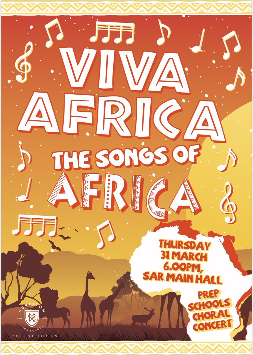 Viva Africa is the theme of our choral concert this year, we’re celebrating the songs of African cultures with all our choirs from @SHSBoysPrep @SHSGirlsPrep @SHSPrepMusic 31 March in the SAR Main Hall! @United_Music1 @SurbitonHigh @PrincipalSHS #vivaafrica #songs #choirs #choral