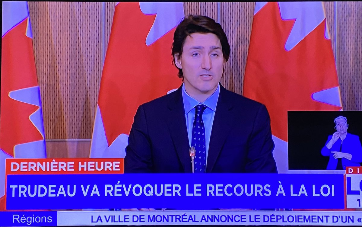 Lors du vote, il y a à peine 48 heures, nous voulions cesser l’utilisation de la Loi sur les mesures d’urgences car tout était terminé. Trudeau n’a pas réussi à l’admettre préférant insulter l’opposition. Finalement le <a href="/PCC_HQ/">Parti conservateur</a> et le <a href="/BlocQuebecois/">Bloc Québécois</a> voyaient juste! #polcan
