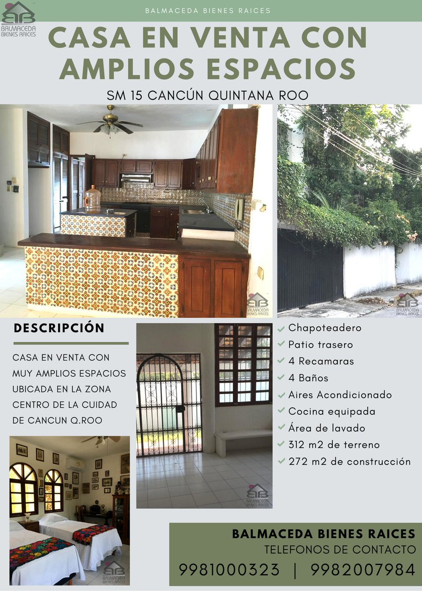 Casa en venta, en el centro de la cuidad de Cancún, Cerca de la zona hotelera, Patio trasero, 4 Recamaras, 4 Baños, A/A, Cocina equipada, Área de lavado, 312 m2 de terreno, 272 m2 de construcción,  Precio = 3,650,000.00 M.N.
Teléfonos de contacto:

☎️ 998 100 0323
☎️ 998 200 7984