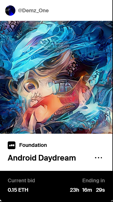 OMFG! In an insane turn of events, my @withFND genesis that was minted over 3 months ago has a bid initiated by none other than the legendary <a href="/UnknownCo123/">UnknownCollector</a>! I am ecstatic and SO very thankful to have your support! Means the world!
#nfteers #FoundationNFT 
foundation.app/@Demz_One/foun…