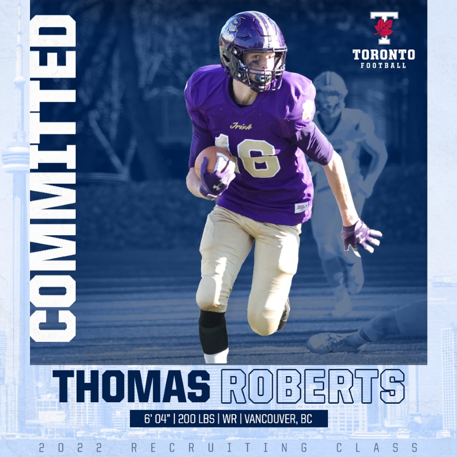 We are excited to announce the commitment of 6'4 200 LBS WR Thomas Roberts! <a href="/ThomasRoberts04/">Thomas Roberts</a> will be joining us from the <a href="/vcfootball/">VC Football 🏈</a> Program in Vancouver BC! Welcome to the family Thomas! 

#BLEEDBLUE #VCBlues #WeAreTO #BCBlues