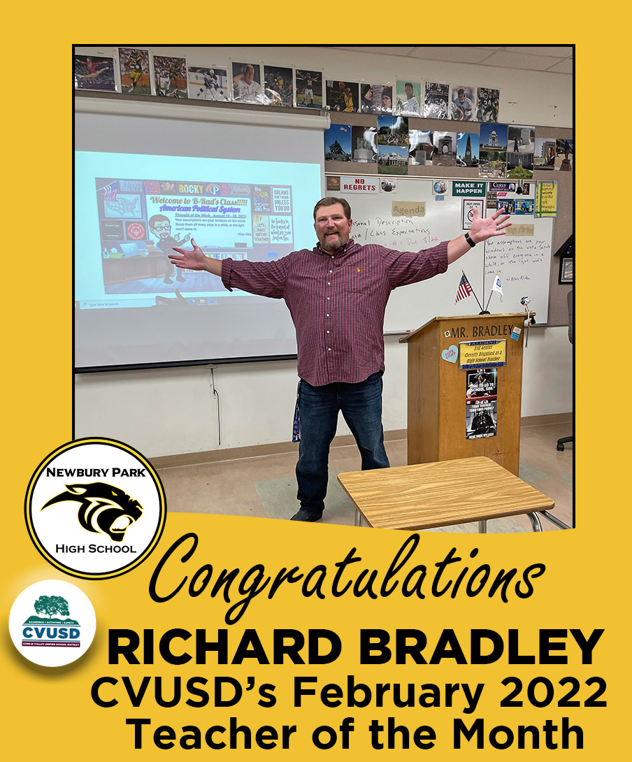ConejoValleyUSD's tweet photo. To put it simply: learning is fun in Richard Bradley's classroom at @NewburyParkHS. A veteran educator, Mr. Bradley is both well-respected & well-loved by his students. We & @ConejoChamber1 are proud to name him our February Teacher of the Month! More: https://t.co/Sp2ov54NkR https://t.co/gPguwLiPga