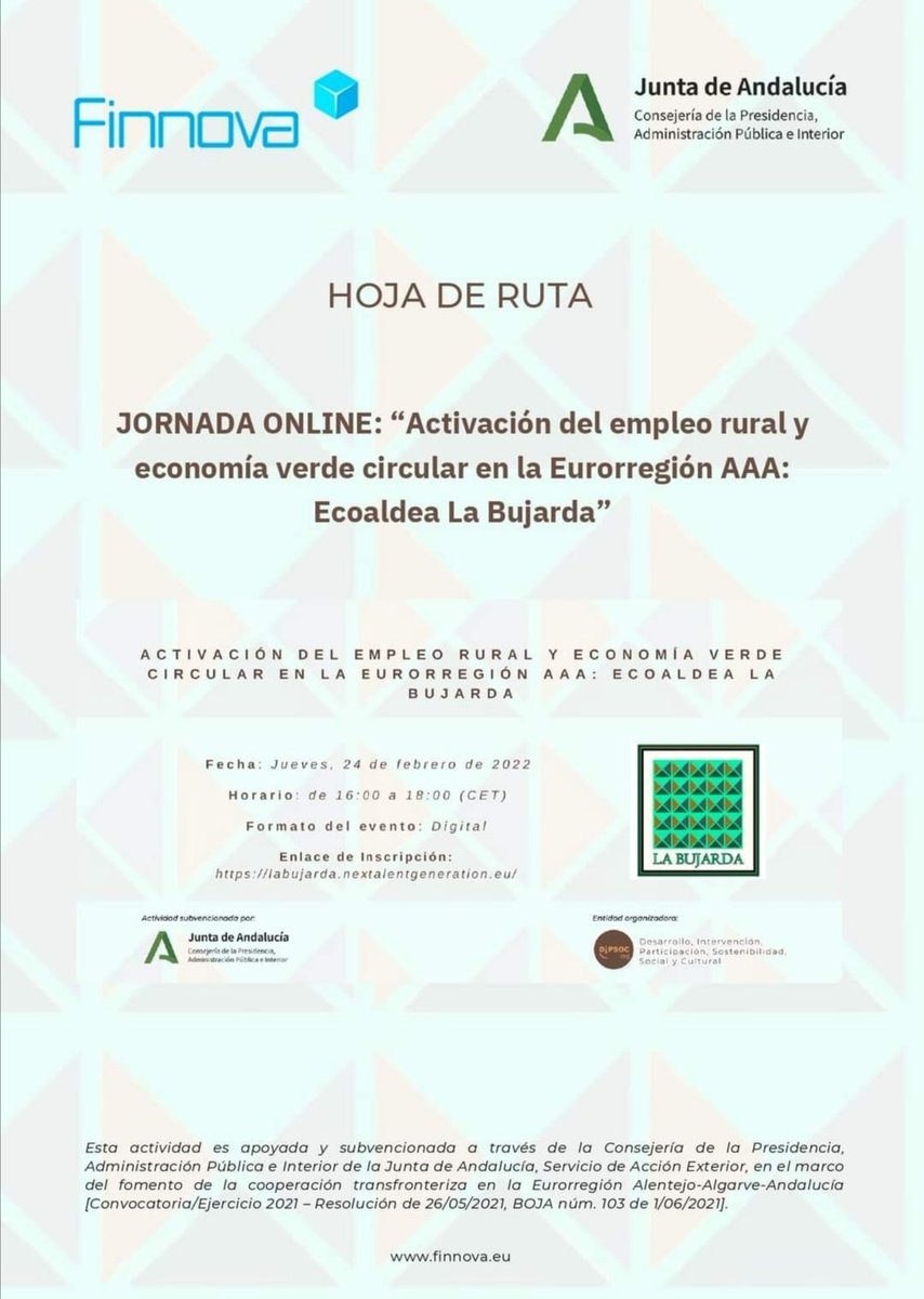 ⚫ Mañana Jueves Jornada Online, de 16 a 18 , organizada por DIPSOC sobre la Activación del empleo rural y economía verde circular en la Eurorregión AAA: Ecoaldea La Bujarda 🎯 Si quieres inscribirte y reservar plaza, puedes hacerlo aquí ✚🅘🅝🅕🅞➤  lnkd.in/dtiVZT4s ✅