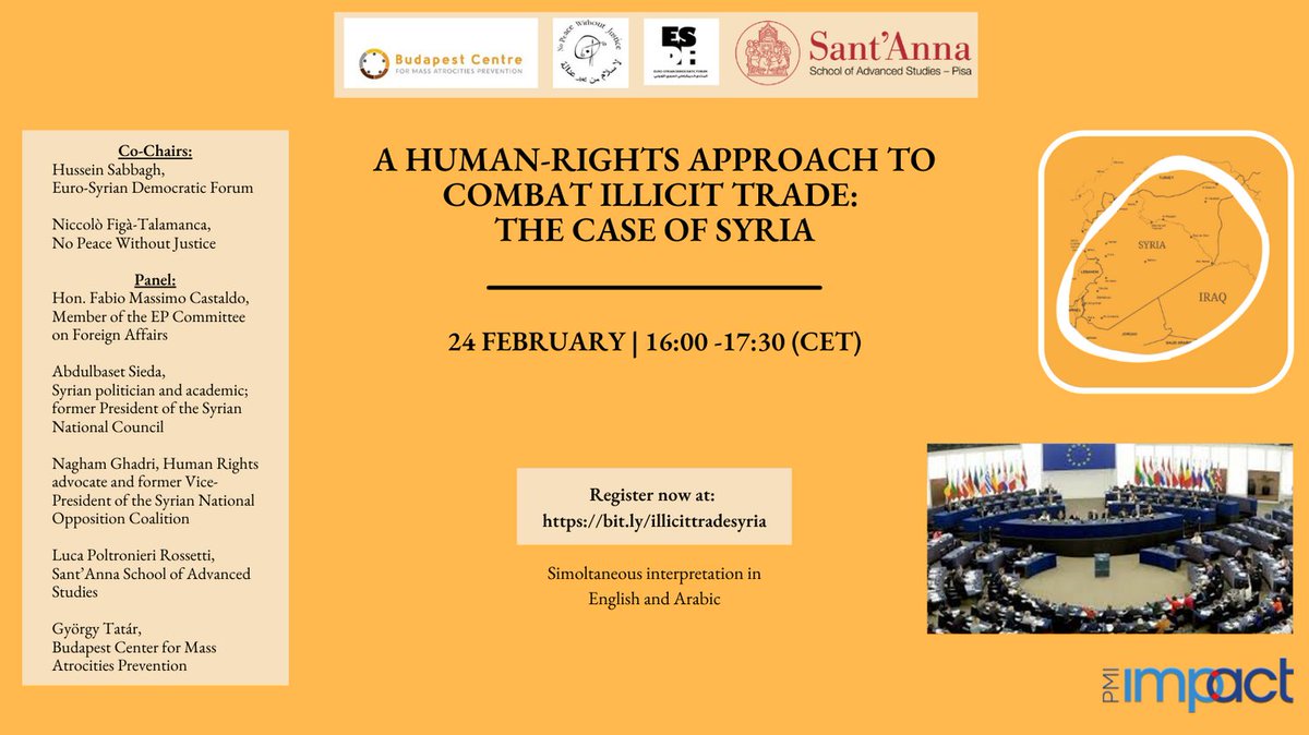 SyriaEU's tweet photo. Join us tomorrow in a conference on a #HumanRights Approach to Combat Illicit Trade in #Syria
With @FMCastaldo, @Ebdulbasit and many more.

Thursday 24 February
16h00 - 17h30 (Brussels)
17h00 - 18h30 (Damascus) 

For registration: @NpwjPress https://t.co/oGJCTvEWWi