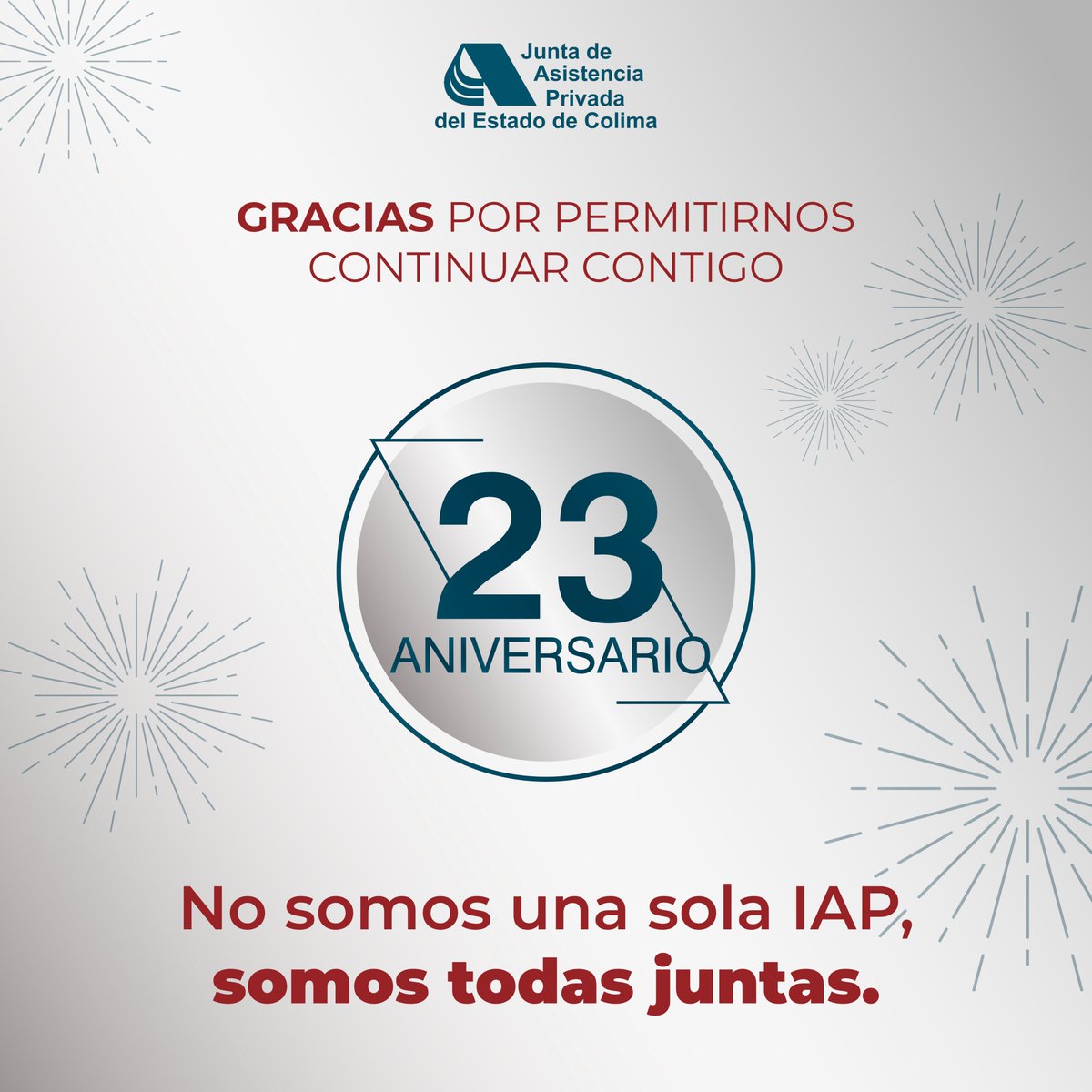 JAPColima's tweet photo. 🎊 𝗛𝗢𝗬 𝗖𝗨𝗠𝗣𝗟𝗜𝗠𝗢𝗦 2️⃣3️⃣ 𝗔𝗡̃𝗢𝗦 🎊
Queremos compartir este logro de continuar sirviendo un año más con todos ustedes, porque ❞𝗡𝗼 𝘀𝗼𝗺𝗼𝘀 𝘂𝗻𝗮 𝘀𝗼𝗹𝗮 𝗜𝗔𝗣, 𝘀𝗼𝗺𝗼𝘀 𝘁𝗼𝗱𝗮𝘀 𝗷𝘂𝗻𝘁𝗮𝘀❞. 🥳
#JAPContigo #23Aniversario https://t.co/oDcuKwy2Hb