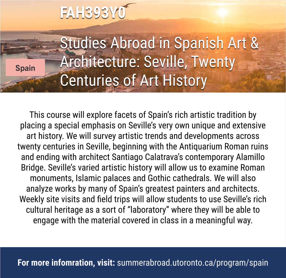 ArtHistory_uoft's tweet photo. Earn a full-year FAH credit in 4-5 weeks this summer -- and do it in Italy, Spain, or England!🗺️

 Our #SummerAbroad programs are designed to enrich students’ academic lives by providing an exciting and educational international experience | For more: https://t.co/aZ20iPTXx7 https://t.co/m4KJp0QLwg