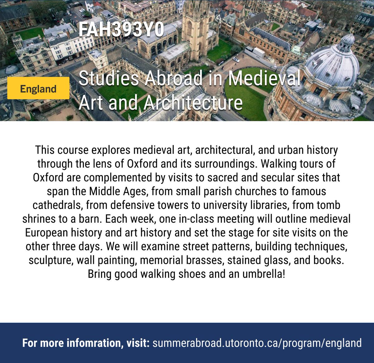 ArtHistory_uoft's tweet photo. Earn a full-year FAH credit in 4-5 weeks this summer -- and do it in Italy, Spain, or England!🗺️

 Our #SummerAbroad programs are designed to enrich students’ academic lives by providing an exciting and educational international experience | For more: https://t.co/aZ20iPTXx7 https://t.co/m4KJp0QLwg