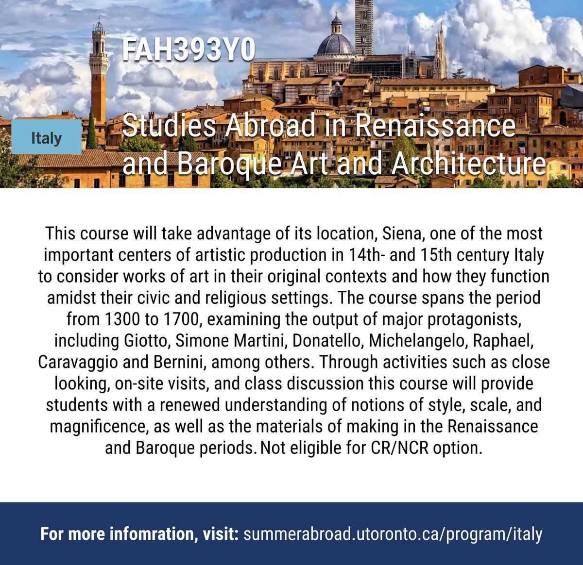 ArtHistory_uoft's tweet photo. Earn a full-year FAH credit in 4-5 weeks this summer -- and do it in Italy, Spain, or England!🗺️

 Our #SummerAbroad programs are designed to enrich students’ academic lives by providing an exciting and educational international experience | For more: https://t.co/aZ20iPTXx7 https://t.co/m4KJp0QLwg