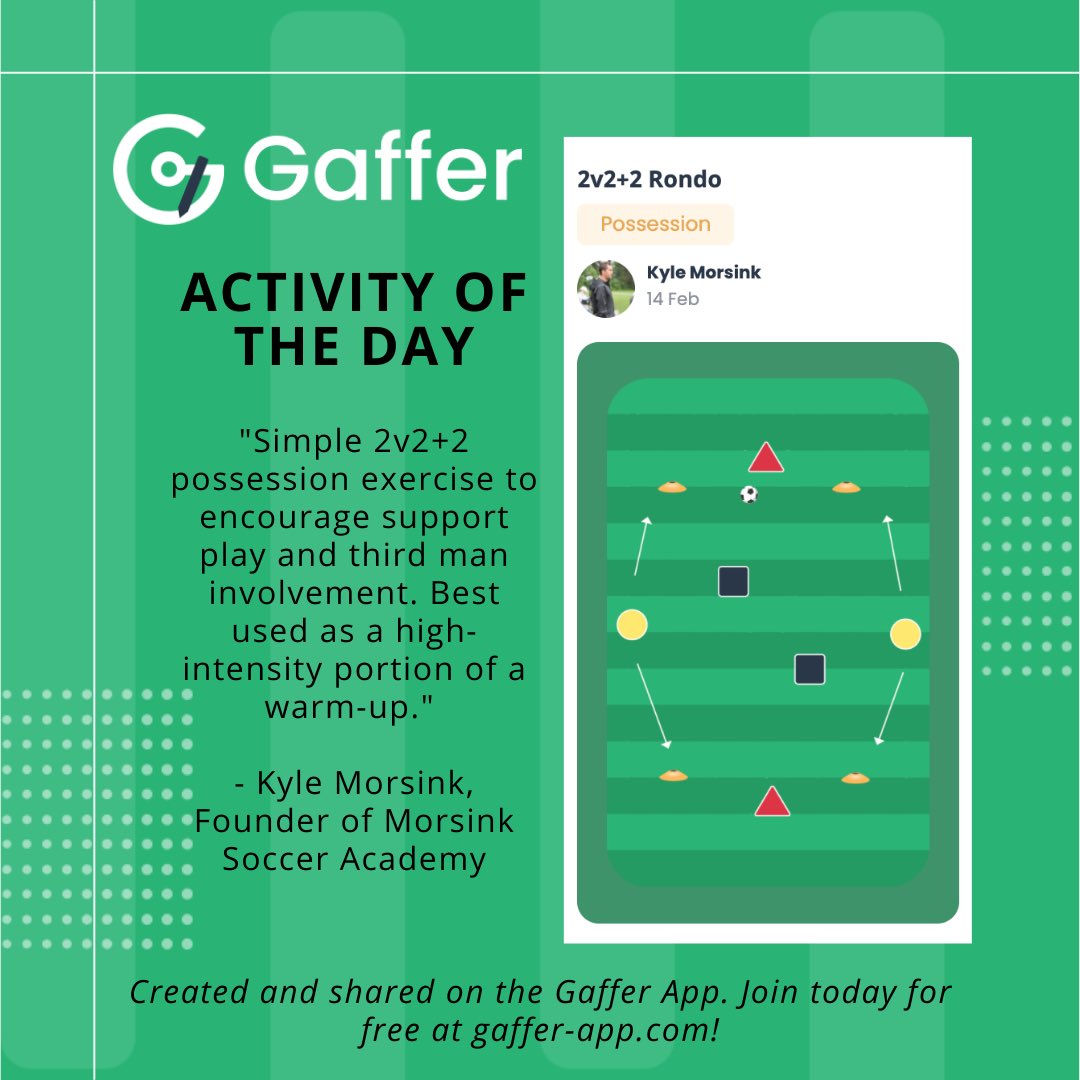 thegafferapp's tweet photo. 🔄⚽️You can never go wrong with a rondo. Check out this activity posted on Gaffer! 

Want a chance to be featured? Head to the link in our bio and sign up today.

#gaffer #soccer #rondo #soccercoach #soccertraining #socceranalysis #soccertactics #keeplearning #soccerdrills https://t.co/MvDDyZsLbf