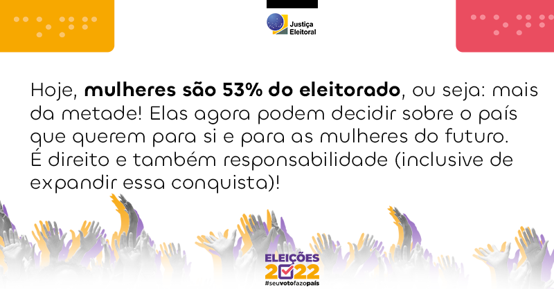 TSEjusbr's tweet photo. Atualmente, TODAS as mulheres podem votar. O que falta agora? Mais representatividade na política para todas: negras, indígenas, trans, mulheres com deficiência, mães, meninas, idosas...! Saiba + em https://t.co/pTQTaDQgBJ #ParticipaMulher #90AnosdaJustiçaEleitoral #VotoFeminino https://t.co/begIaoAtHe