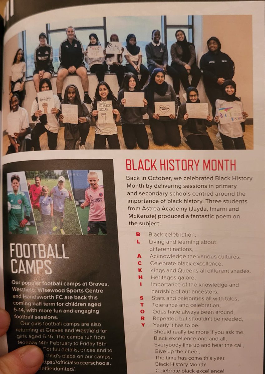AstreaSheff_Eng's tweet photo. Super proud of the wonderful @AstreaAcadSheff scholars who worked with @SheffieldUnited to celebrate #BlackHistoryMonth . Their powerful poem made it into the programme. It’s so thrilling seeing our girls using poetry and sport to express themselves 💭⚽️🗯💕 @AstreaSheff_PE https://t.co/6AcXpXa1NN