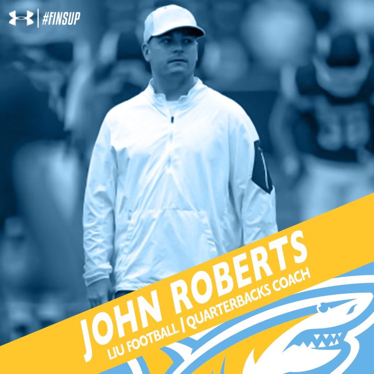 LIUSharksFB's tweet photo. Welcome our Co-OC/QB Coach @CoachRobertsLIU to The Island! #BiteDown https://t.co/52LcisYwJG