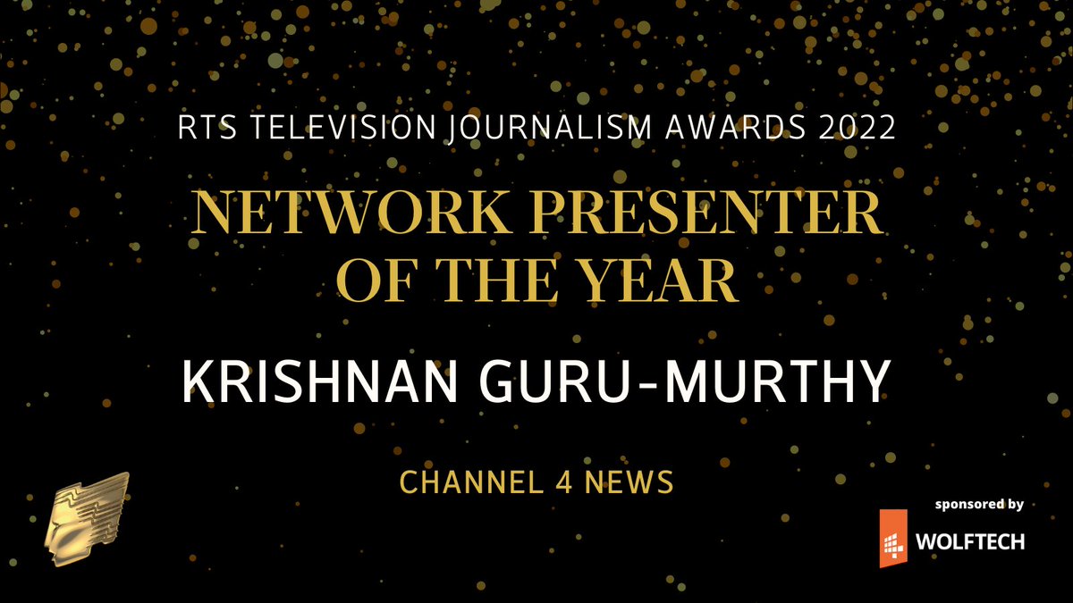 RTS_media's tweet photo. Described by judges as “one of the outstanding presenters of his generation” – our first award of the night goes to Krishnan Guru-Murthy, @Channel4News, for Network Presenter of the Year. Congratulations @krishgm! #RTSAwards https://t.co/L8h9rKcAt2