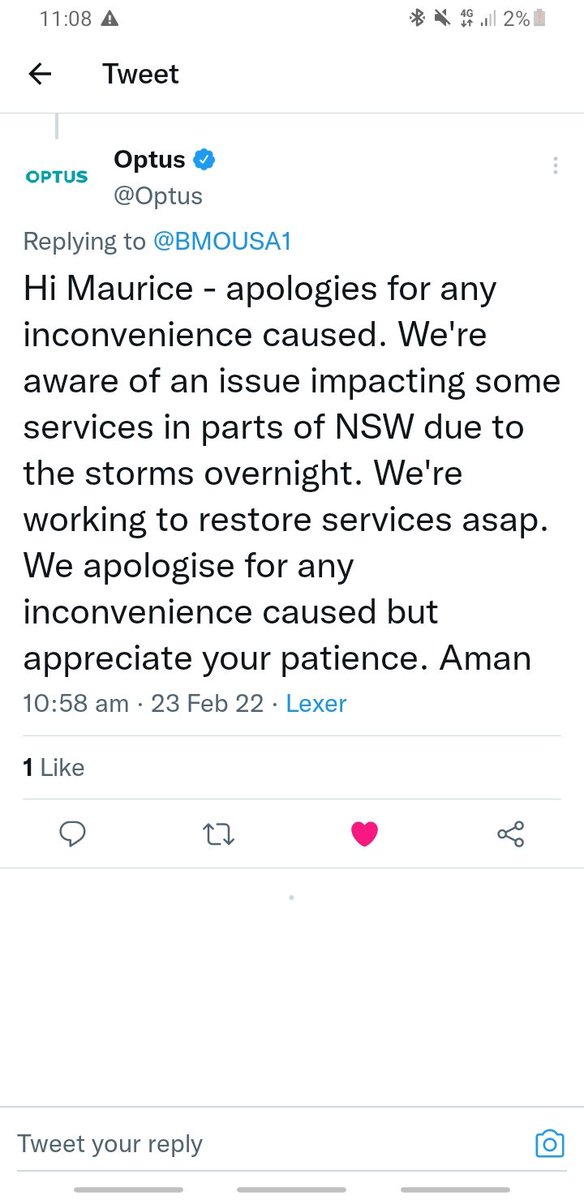 Sighmaan's tweet photo. @sophie_bulldogs @Optus So you don't have to wait around for the real answer, this was what they were telling everyone yesterday, so expect it to he the excuse today too. Mines back up and running but I'm not holding my breathe...its gonna be raining for a couple of weeks 😅 https://t.co/5p48wSvjdb