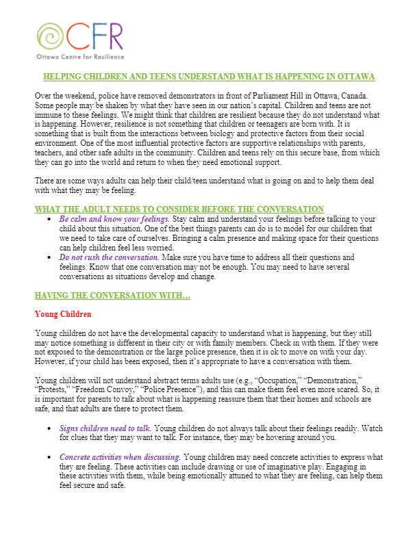 ocfresilience's tweet photo. Over the weekend the Freedom Convoy was forced to leave #Ottawa by using a large police presence. Some youth may be struggling with what they saw. Here are some tips for having conversations about this event with your child.

#mentalhealth #healthrelationships #ottawapublichealth https://t.co/OC1BOCpRC7