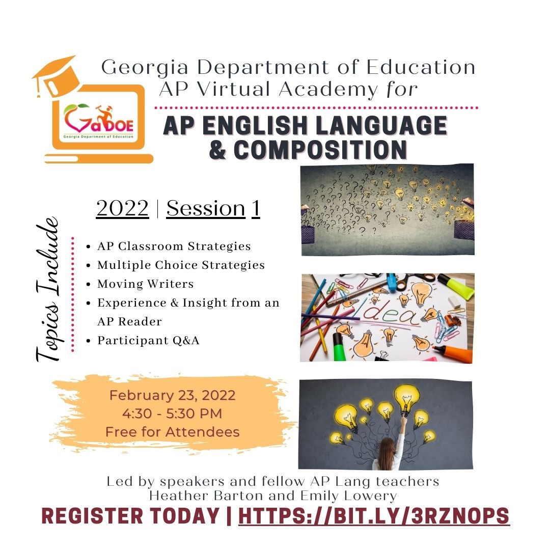 So excited to share APLang strategies with Mrs. Mowery tonight! Free for all attendees - please join us.

Register here: bit.ly/3rznOPs

<a href="/georgiadeptofed/">Georgia Department of Education</a>