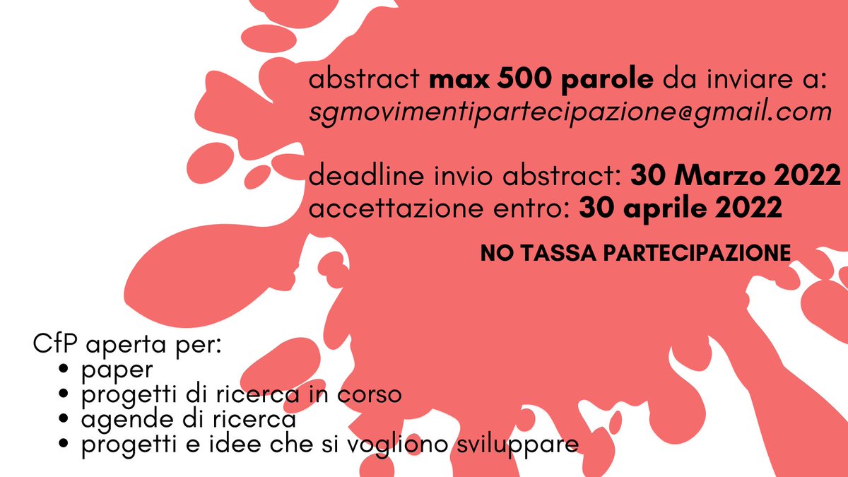 📅 9 maggio 2022, Università di Pisa
Giornata di studi per fare un punto sullo studio dei movimenti sociali, e fare rete.
📢 CfP aperta a paper, progetti di ricerca, agende di ricerca
📌 deadline abstract (max 500 parole): 30 marzo 2022
maggiori info 👉 standinggroups.sisp.it/movimentisocia…