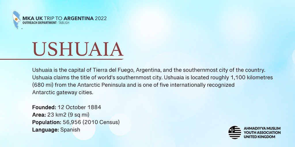 amyaoutreachuk's tweet image. All praise belongs to Allah. @UKMuslimYouth Waqf e Aarzi Tabligh team and @AhmadiaArg team has reached Ushuaia, the Southern most city of the world, as a humble attempt to fulfil the prophecy: “I shall cause thy message to reach the corners or the earth”
#MusulmanesPorLaPaz