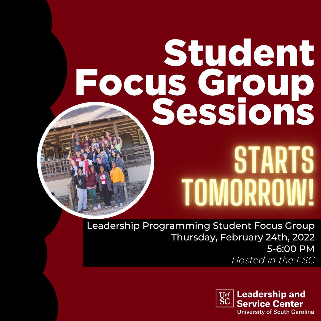 ATTENTION!!! Tomorrow is our first Student Focus Group Session for Leadership Programs! 

ALL students are welcome to attend and share what they want for their leadership experience! 

#uofsc #gogamecocks🐔