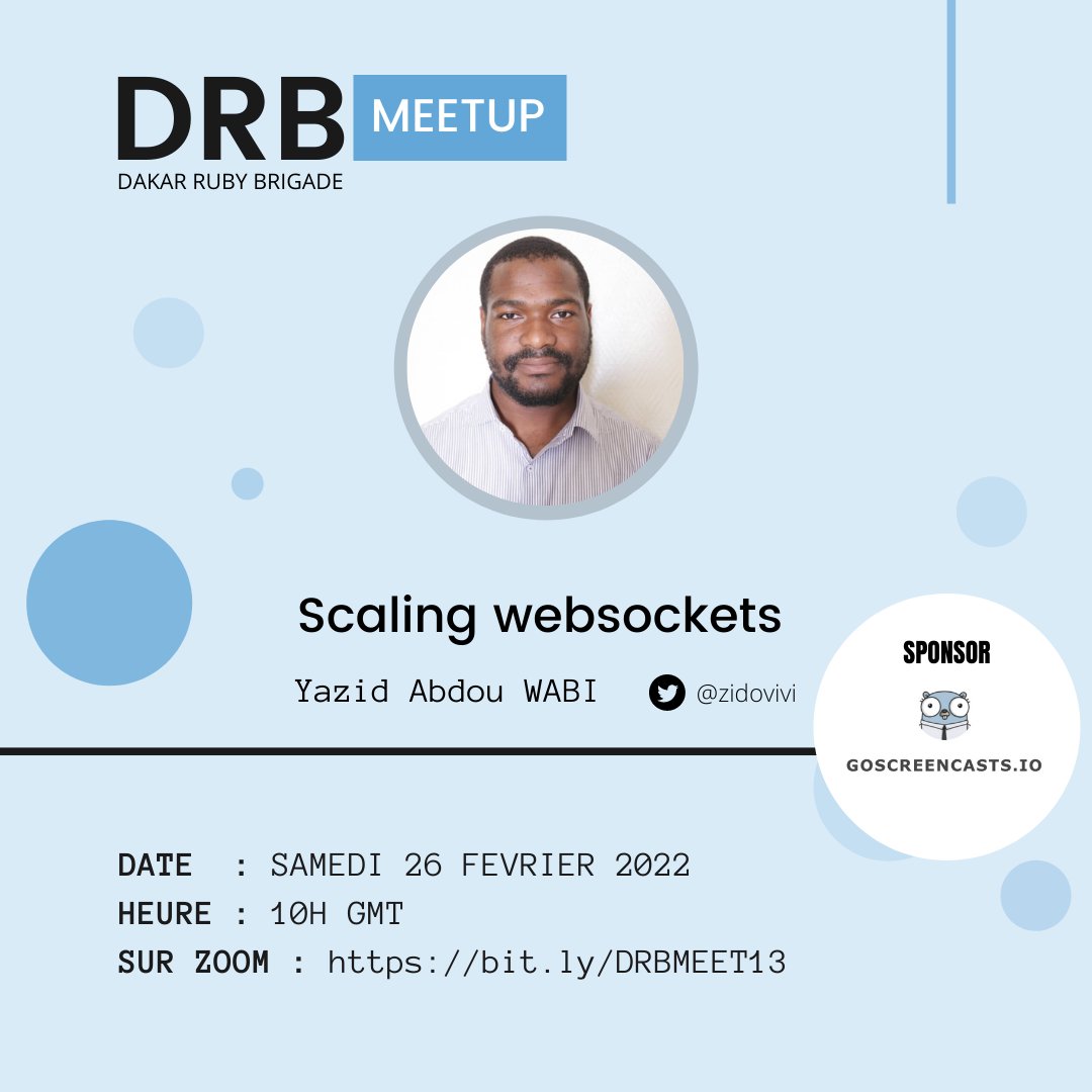 dakar_ruby's tweet photo. Ce Samedi 26 Février à 10h sur ZOOM
On aura le master @zidovivi pour parlera de Scaling Websocket.
Event est sponsorisé par https://t.co/6VtGFP1ILN

https://t.co/rM5z6Mon6n

#web #senegal #drb #JetpackCompose #webdeveloper #websocket https://t.co/6Eke2WIXKI