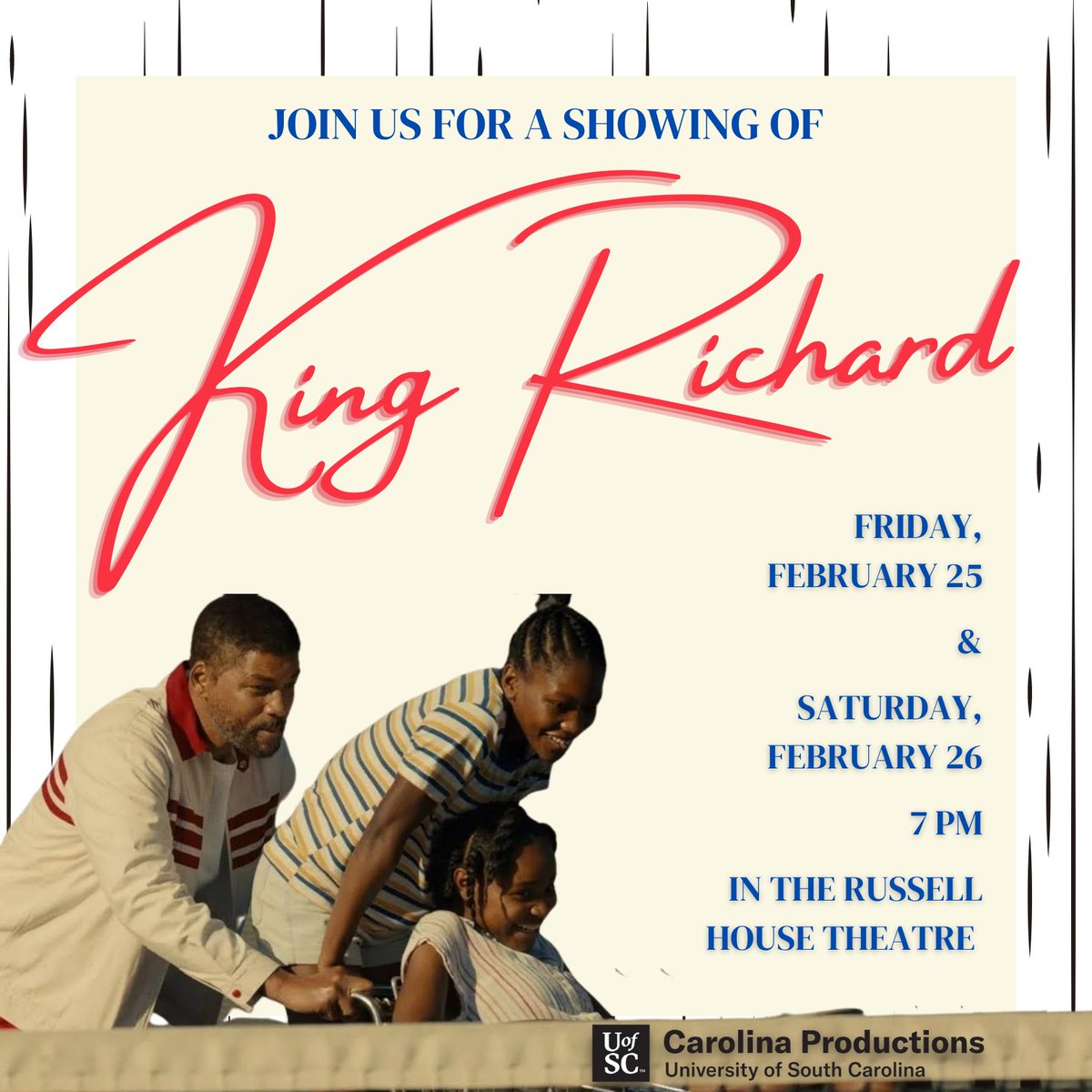 Join us for a showing of King Richard in this Friday and Saturday at 7pm in the Russell House Theater! We will have free popcorn!🎬🍿