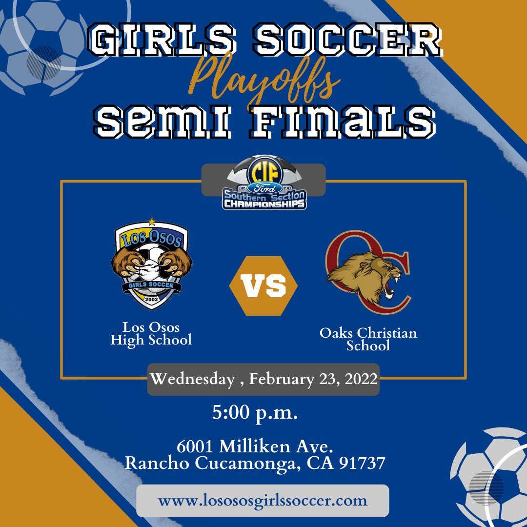 🚨🚨SEMI FINALS GAME🚨🚨 Come out and support your Lady Grizzlies as they take on Oaks Christian in the CIF-SS Division 2 Semi Final game. 5pm game in our HOME stadium. Let’s go! #OsosSoccer #oneteam #oneprogram #semis #CIF #SS #clawsup #hwpo 🐻